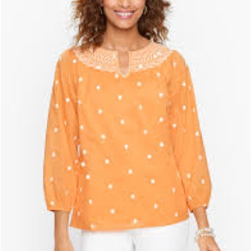 Talbots Orange White Embroidery Polka Dot Lined ¾ Sleeve Blouse